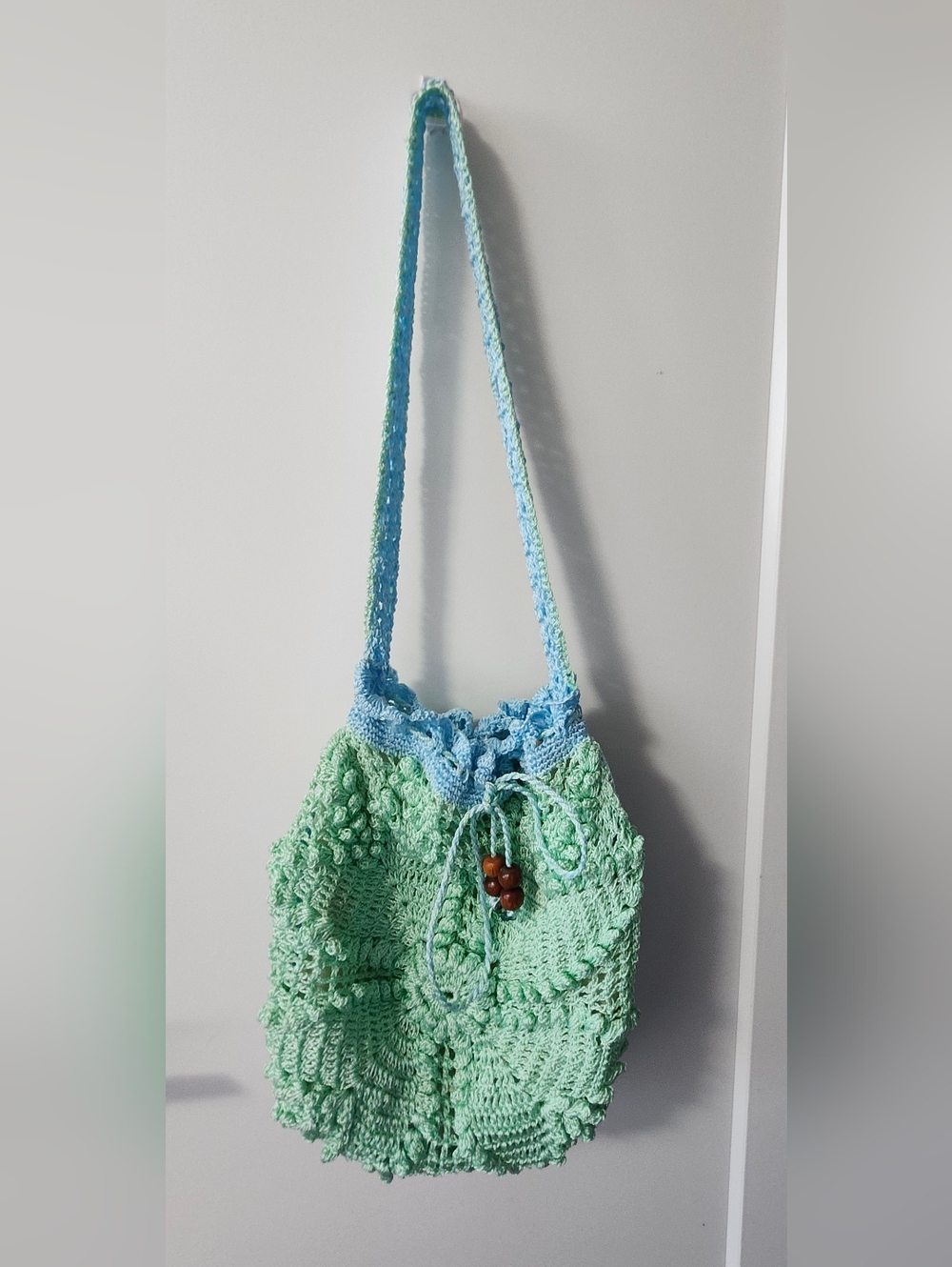 Handcrafted Mint & Sky Blue Crochet Drawstring Bucket Bag